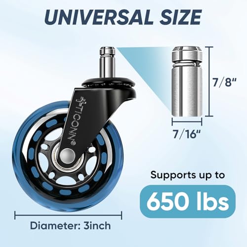 TICONN Office Chair Caster Wheels Set of 5 for Tile, Hardwood Floors and Carpets, Universal Fit for Most Chairs (Blue) - style: Blue