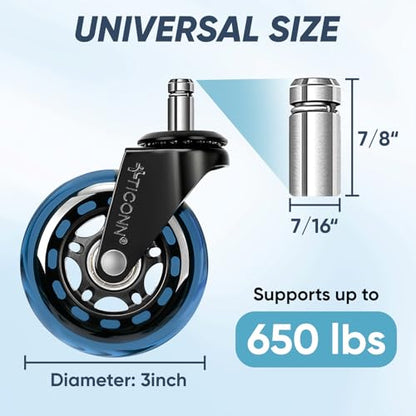 TICONN Office Chair Caster Wheels Set of 5 for Tile, Hardwood Floors and Carpets, Universal Fit for Most Chairs (Blue) - style: Blue
