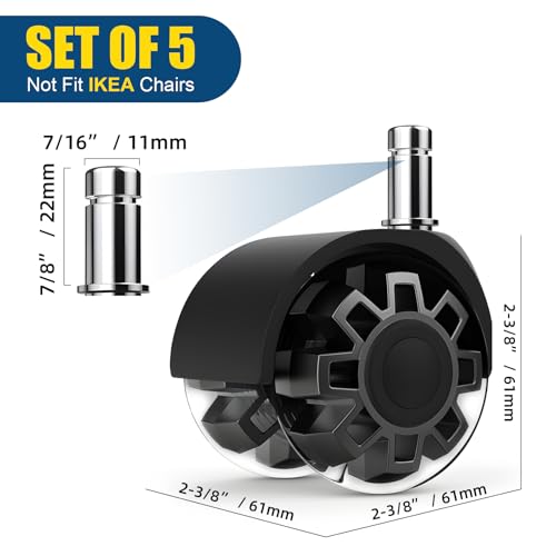 Minewill 2" Office Chair Wheels - Protection for Hardwood Floors and Carpet | Heavy Duty 2000 LBS, 360° Silent Smooth, Standard Stem 7/16″* 7/8″(11mm*22mm),Office Furniture Casters Set of 5(Black) - color: Black