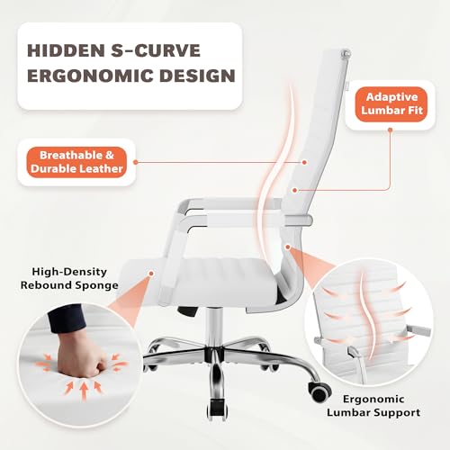 Furmax Ribbed Office Chair High Back PU Leather Executive Conference Chair Adjustable Swivel Chair with Arms (White) - color: White