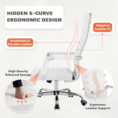 Furmax Ribbed Office Chair High Back PU Leather Executive Conference Chair Adjustable Swivel Chair with Arms (White) - color: White