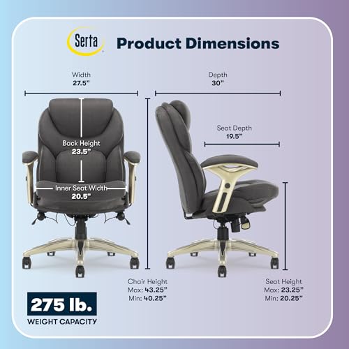 Serta Claremont Executive Office Chair with Back-In-Motion Technology, Ergonomic Mid-Back with Pivot Lumbar Support & Seat, Plush Cushion, Body Pillows, Adjustable Arms, Dark Gray Fabric | Claremont, Adjustable Arms & Height, Foam Seat and Headrest Cushio