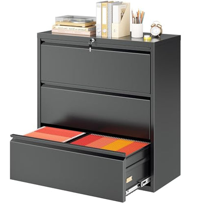 Superday Lateral File Cabinet 3 Drawer Metal File Cabinet with Lock, Black Filing Cabinets for Home Office, Locking Filing Cabinets Hanging Files Letter/Legal/F4/A4 - color: Black, style: 3 drawer-wide