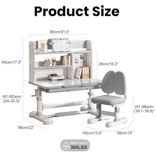 Kid Study Desk and Chair Set 3-12 Height Adjustable Ergonomic Desk | School Art Desk, 50° Tiltable Desktop, Easy-Turn Crank, Storage Drawer & Built-in Bookstand for Children Boys & Girls - color: 013-grey-31.5in