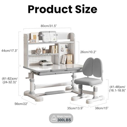 Kid Study Desk and Chair Set 3-12 Height Adjustable Ergonomic Desk | School Art Desk, 50° Tiltable Desktop, Easy-Turn Crank, Storage Drawer & Built-in Bookstand for Children Boys & Girls - color: 013-grey-31.5in