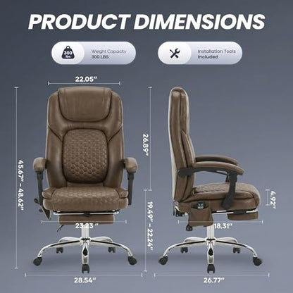 MALOL 300 lbs Massage Office Chair, Big and Tall Desk Chair with 3-Level Heat and Footrest, PU Leather Ergonomic Executive Computer Chair with Side Pocket, Brown - color: Brown, size: Set of 1, style: Classic
