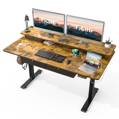 FiCiHi 63x30Inch Standing Desk with Drawers,Electric Height Adjustable Desk | Computer Sit Stand Desk,Large Workspace, 30 Inch Deep Home Office Desk with Monitor Stand, USB Charging Port,Cable Management - color: Rustic Brown, size: 63*30inch