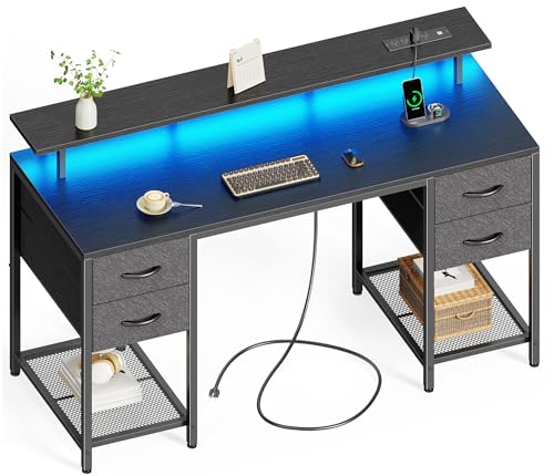 Huuger 55 inch Computer Desk with Power Outlets & 4 Drawers - color: Black, size: 55 Inch