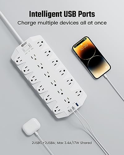 SUPERDANNY 18 AC Power Strip Surge Protector, 6.5FT, Flat Plug, 1875W/15A - color: White, size: 6.5 FT
