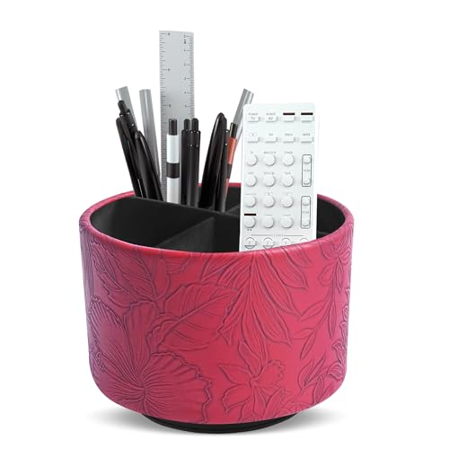 Round Leather Art Supply Organizer,Remote Control Holder,360 Degree Spinning,Multi-Functional Pencil Holder,4 Compartments Desktop Stationary Organizer(1-Carved Red) - color: 1-Carved Red