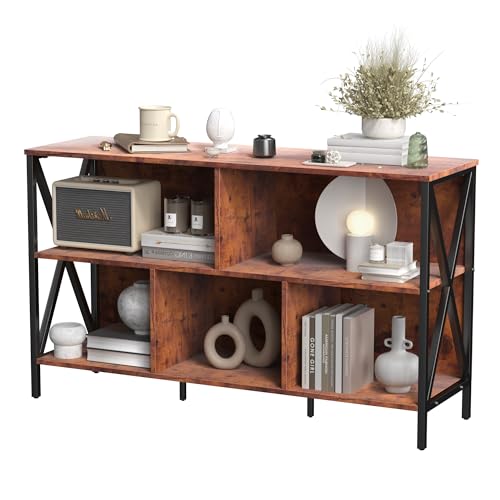 Adompacat 47" 5 Cube Low Bookshelf, Rustic Wood Storage Horizontal Bookcase | 320lbs heavy duty, robot vacuum friendly, 30-min assembly, open cubby storage for home office bedroom living room - color: Brown