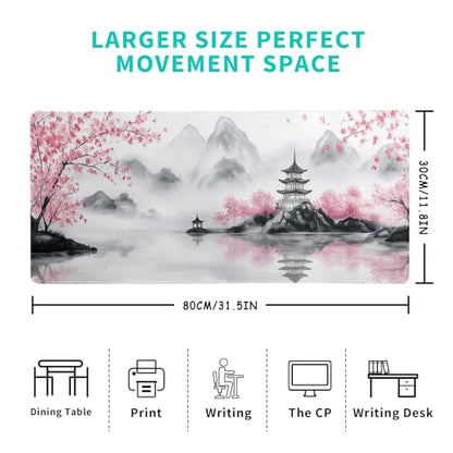 Pagoda Mouse Pad 31.5x11.8 Inch White Full Desk Japanese Mousepad Extended Large Non-Slip Rubber Base Waterproof Big Keyboard Mat with Stitched Edges for Gaming and Office - color: Pagoda