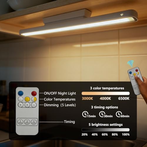 Desk Light Bar Under Desk Lights 16.5 in for Home Office, Under Shelf | Magnetic Rechargeable LED Remote Control 3000K 4500K 6000K Color Temperature Battery Powered - color: White #Remote