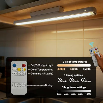 Desk Light Bar Under Desk Lights 16.5 in for Home Office, Under Shelf | Magnetic Rechargeable LED Remote Control 3000K 4500K 6000K Color Temperature Battery Powered - color: White #Remote