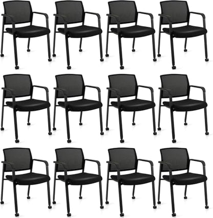 Tangkula Rolling Conference Room Chairs Set of 12, Stackable Office Guest Mesh Chairs with Armrests and Wheels, Ideal for Waiting Room Office, School, Lobby, Black - color: Black, size: Set of 12