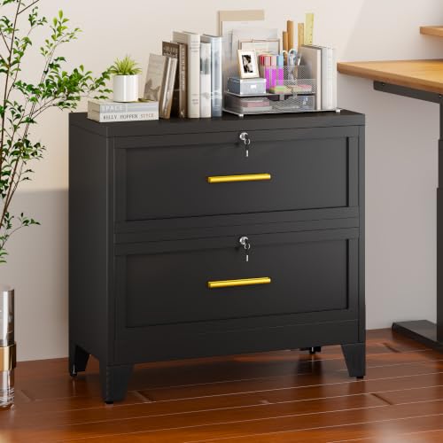 Metal Lateral File Cabinet with Lock,2 Drawer Steel Wide Filing Organization Storage Cabinets,Filing Cabinet for Legal/Letter/A4/F4 Size with Hanging Files&Key,Lockable Cabinet for Home Office - color: Black, size: 2Drawer