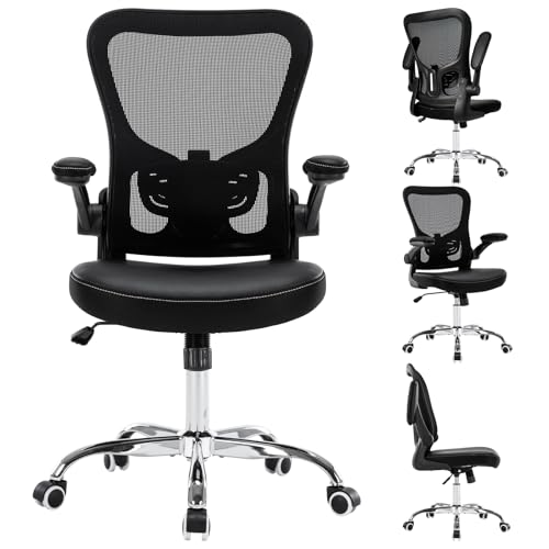 Ergonomic Office Chair Adjustable PU Leather Computer Chair with Lumbar Support,Flip-Up Arms, Breathable Mesh Back, Swivel Rolling Executive Desk Chair for Home Office, Black