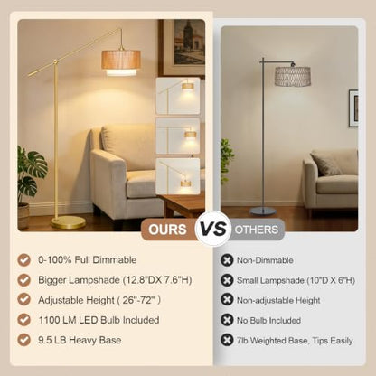 【Upgraded】Boho Dimmable Floor Lamps with Adjustable Swing Arm, 1100 Lumens Bulb Included, Modern Standing Lamp with Rattan & Fabric Shades, Farmhouse Tall Arc Floor Lamp for Living Room Bedroom, Gold - color: Bohemian-Gold