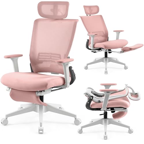 Ergonomic Foldable Office Chair with Footrest and Lumbar Support, Pink | Compact desk chair with space-saving folding design, 2D headrest, 2D armrests, computer cahirs for home office - color: Pink