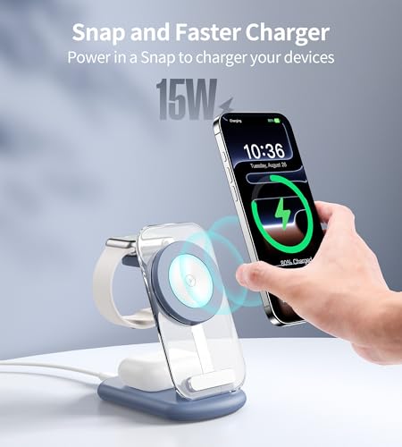 Mukiya 3 in 1 Magnetic Wireless Charging Station for Apple Devices | Fast Travel Charger Stand with Night Light for MagSafe-enabled iPhone 17 16 15 14 13 12 Series, Apple Watch/AirPods Pro, BU - color: Blue