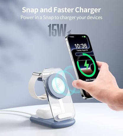 Mukiya 3 in 1 Magnetic Wireless Charging Station for Apple Devices | Fast Travel Charger Stand with Night Light for MagSafe-enabled iPhone 17 16 15 14 13 12 Series, Apple Watch/AirPods Pro, BU - color: Blue