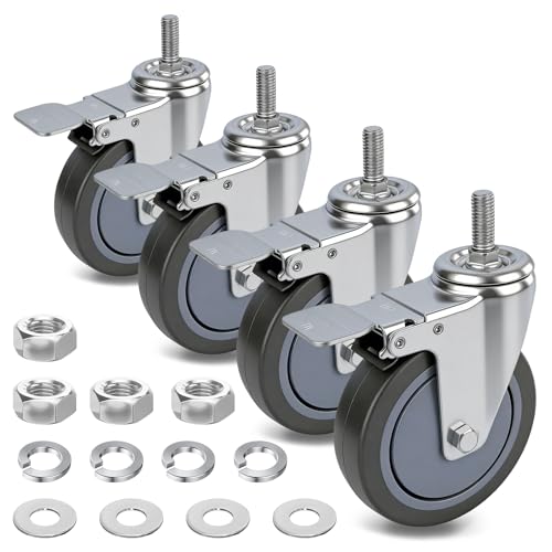 5 Inch Swivel Casters 1/2"-13 x 1.5, TPR Rubber Wheel Set of 4 | Locking Threaded Stem Wheels for wire shelving racks, light and medium duty material handling, carts, equipment - size: 5 Inch - (1/2"-13 x 1.5")