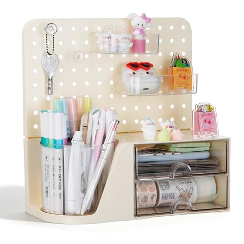Comix Desk Organizer with 2 Drawer, Beige 360° Rotating Pen Holder for Desk | Desk Organizers and Accessories with 5 Slots Pencil Holder+Pegboard+Drawer, Pen Organizer for Home School Art Office Supplies - color: Beige