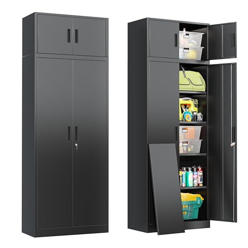 Metal Storage Cabinet, 87 Inch Tall Locking Cabinet with Top Cabinet, Heavy Duty Garage Cabinet with Doors and 4 Adjustable Shelves, Pantry Cabinets for Office, Garage, Home-Black - color: Black, size: 87"H