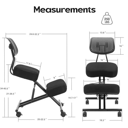 Kneeling Chair with Backrest Adjustable Linen Ergonomic Home Office Chair | Improve Posture Chair with Brake Rolling Wheels Thick Cushion Work Stool Back Pain Relief - color: Black-linen