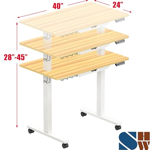 SHW Mobile Electric Height Adjustable Standing Desk w/Drawer, Walnut | 40" Wide Top | w/ Memory Presets and Cable Management | Drawer with adjustable compartments | Hanging Hooks - color: Oak