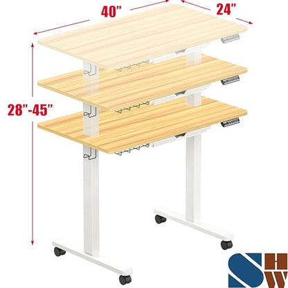 SHW Mobile Electric Height Adjustable Standing Desk w/Drawer, Walnut | 40" Wide Top | w/ Memory Presets and Cable Management | Drawer with adjustable compartments | Hanging Hooks - color: Oak
