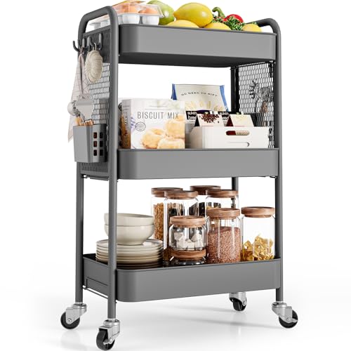 TOOLF 3 Tier Rolling Cart, Metal Utility Storage Cart with Pegboard, Grey | 2 Bins & 4 Hooks, Screwless Assembly, Lockable Wheels, Trolley Organizer for Bathroom, Kitchen, Office, Dorm, Craft Room - color: Gray, size: 3-Tier