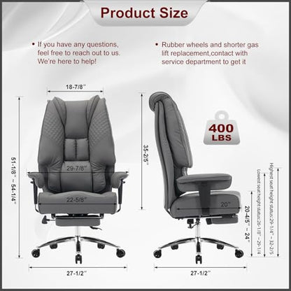 EXCEBET Big and Tall Office Chair 400lbs Wide Seat, Leather High Back Executive Office Chair with Foot Rest, Ergonomic Chairs Lumbar Support for Lower Back Pain Relief (Grey) - color: Charcoal Grey