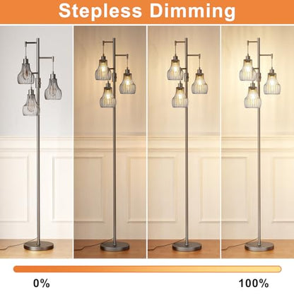 Ziisee Dimmable Floor Lamps for Living Room, Industrial Tree Standing Tall Lamps with 3 Elegant Cage Shade for Bedroom Office - Grey - color: E-Grey