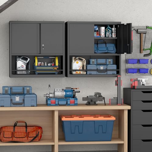 LUCYPAL Garage Storage Cabinet with Locking Doors and Adjustable Shelves,Black Metal Wall Cabinets for Garage,Steel Upper Storage Cabinet for Warehouse/Basement/Home Office - color: Black, size: 30.7"H Open Storage