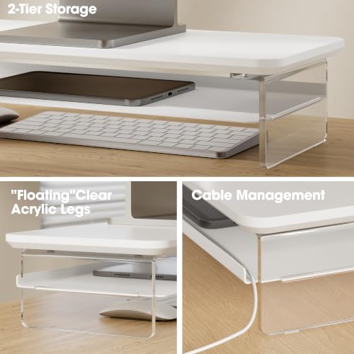 Fenge 23.6" Monitor Stand with Clear Acrylic Legs, White - color: White, size: 23.6in