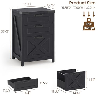 Halitaa Small Farmhouse File Cabinet with 3 Drawers for Home Office, Black | Halitaa Vertical Filing Cabinet Fits Letter and A4 Size, Farmhouse Printer Stand, Under Desk Wooden File Cabinet - color: Black, size: 3 Drawers