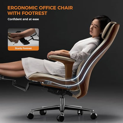 TOMU Executive Office Chair with Foot Rest, Top Grain Genuine Leather Office Chair, Ergonomic High Back Design. Real Leather, Wheels, Alumium Base. Padded Armrest, Luxury and Comfy (Beige) - color: Beige