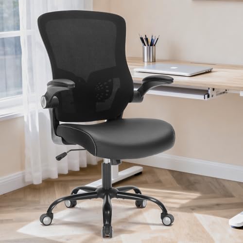 Office Chair PU Leather Cushion, Ergonomic Desk Chair with Flip-Up Arms, 300 LBS Home Office Desk Chairs Adjustable Seat Height & Lumbar Support, Executive Comfy Swivel Task Computer Chair