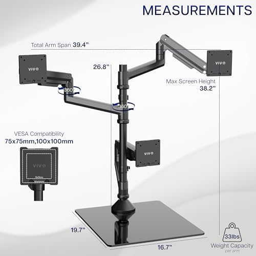 VIVO Pneumatic Arm Triple Ultrawide Monitor Desk Stand for Up to 49 inch Screens with Tempered Glass Base, Holds 3 Ultra Wides Up to 33 lbs Each, Black, STAND-V300FG - size: Triple Mount, style: Freestanding