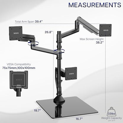 VIVO Pneumatic Arm Triple Ultrawide Monitor Desk Stand for Up to 49 inch Screens with Tempered Glass Base, Holds 3 Ultra Wides Up to 33 lbs Each, Black, STAND-V300FG - size: Triple Mount, style: Freestanding