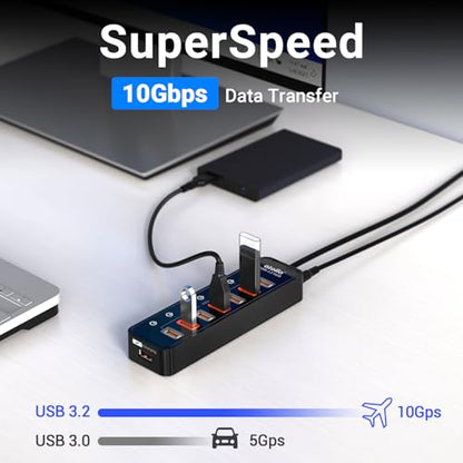 Powered USB Hub 3.2, atolla 8-Port USB 3.2/USB C Hub, Powered USB C Hub with 7 USB-A 10Gbps ports +1 Smart Charging port, Individual On/Off Switches, LEDs, 20W Power Adapter for PC/Laptop, Flash Drive - size: 8-Port USB 3.2 Hub