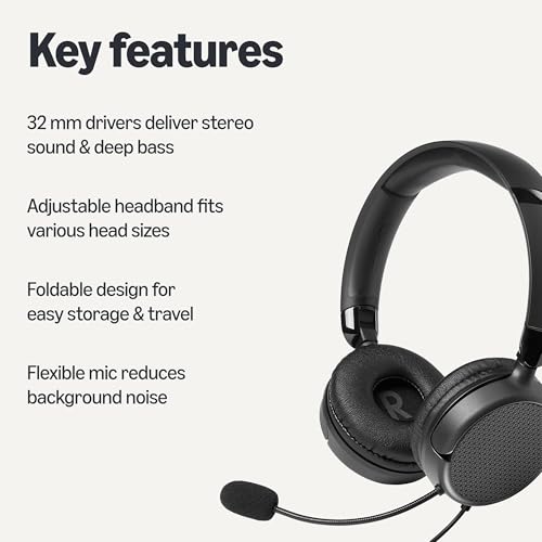 Amazon Basics On Ear Wired Computer Headset with Adjustable Microphone, 3.5mm Port or in-Line Control with USB-A Port, Foldable, Clear Sound, Small/Medium Size, Black (Pack of 2) - size: One Size (Pack of 2), style: Wired