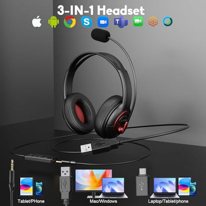MAIRDI USB Headset with Microphone, Type-C/USB/3.5mm Jack 3-in-1 PC Headset, Computer Headset with Mic Noise Canceling for Teams Call Centers Skype Zoom Home Office Dragon Nuance Dictation