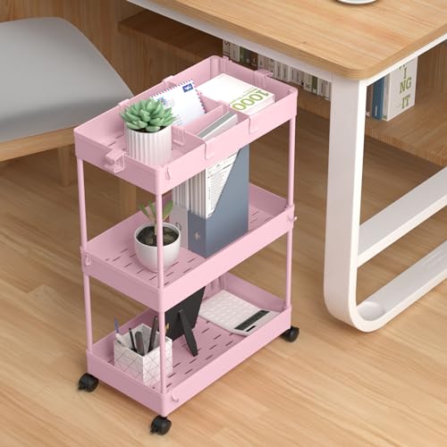 SPACELEAD 3 Tier Rolling Cart with Wheels, Storage Craft Art Trolley Organizer Serving, 3 Hanging Baskets Easy Assembly, for Office, Living Room, Kitchen, Pink - color: Pink