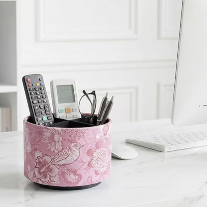 Round Leather Art Supply Organizer,Remote Control Holder,360 Degree Spinning,Multi-Functional Pencil Holder,4 Compartments Desktop Stationary Organizer(1-Purple Bird) - color: 1-Purple Bird