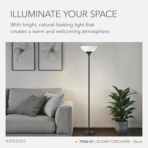Adesso Dual-Socket Floor Lamp, Black & Frosted White, 3-Way, 71” - color: Black