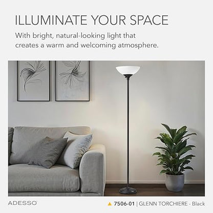 Adesso Dual-Socket Floor Lamp, Black & Frosted White, 3-Way, 71” - color: Black