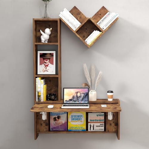 Folding Wall Mounted Drop Leaf Table, Foldable Desk with Moveable Cabinets, Floating Laptop with Convertible Storage Shelves, Multifunctional Computer Workstation in Home for Space Saving - color: Rustic Brown