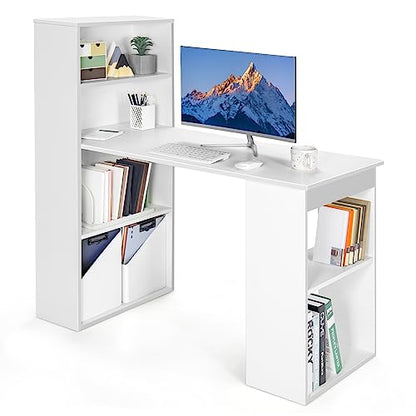 GIANTEX 48 Inch Computer Desk with Bookshelf, 3-in-1 Home Office Desk with 4-Tier Bookcase & CPU Stand, Space-Saving Reversible Writing Desk Work Table for Bedroom, Study Room, Office (White) - color: White